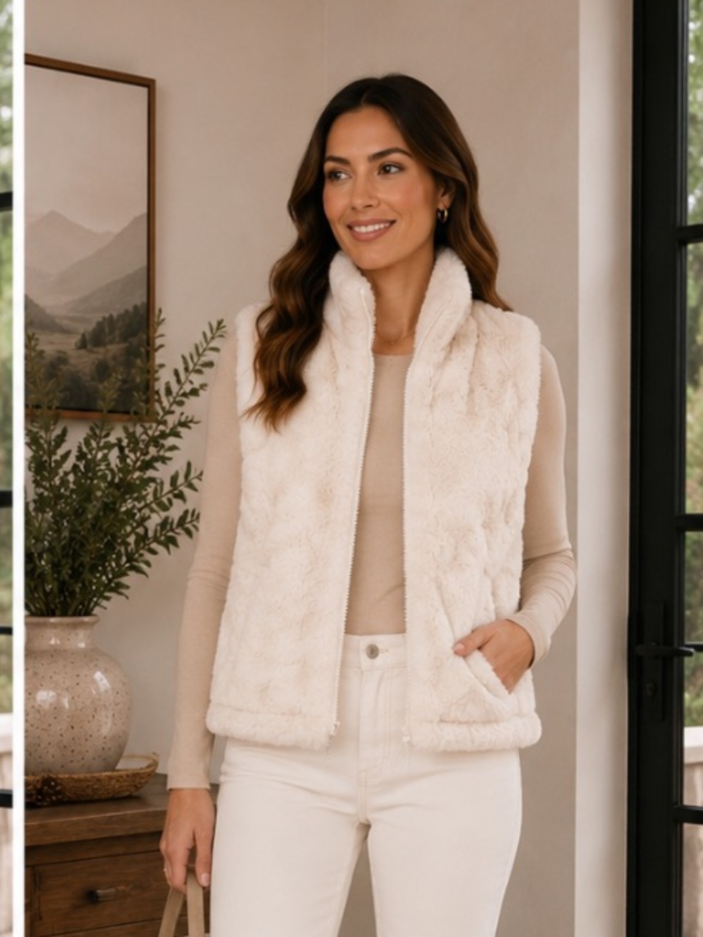 Nicole Miller Cream Faux Fur Vest size small